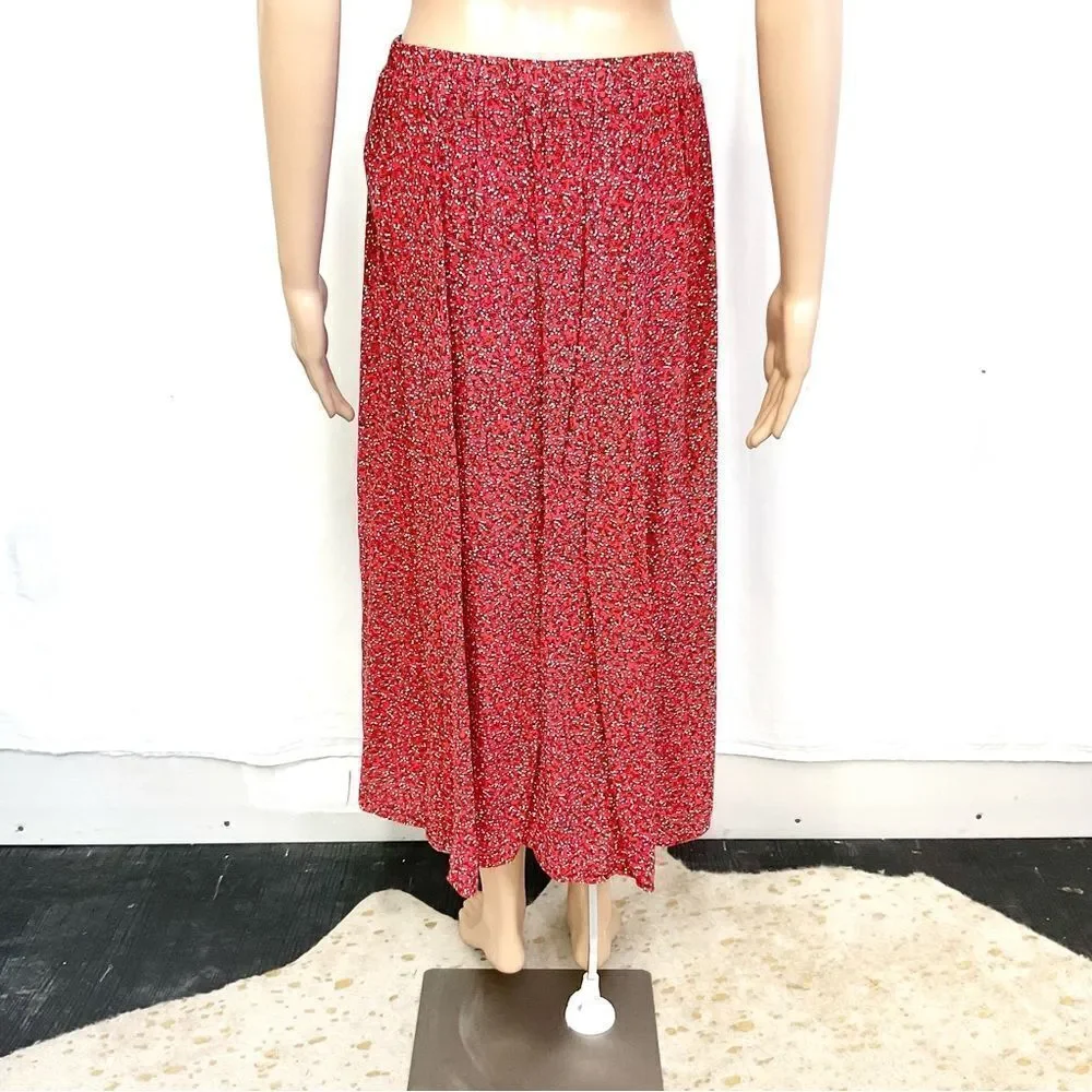 Max Studio red ditsy floral print buttons front boho cottage core maxi skirt S